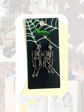 (copy) 🎉 Halloween Silver Gunmetal Dangling Skeleton Earrings Limited Edition